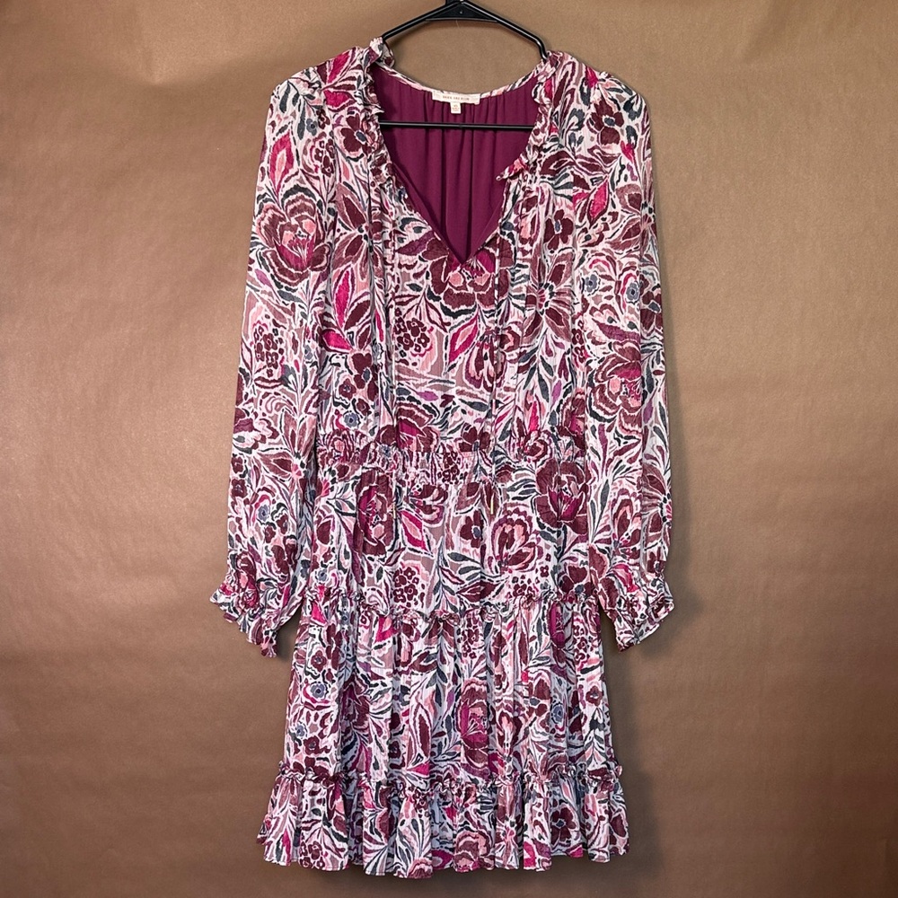 Skies Are Blue Burgundy and Pink Floral Ruffle Tiered Dress